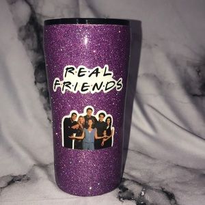 Purple glitter tumbler with friends decals
